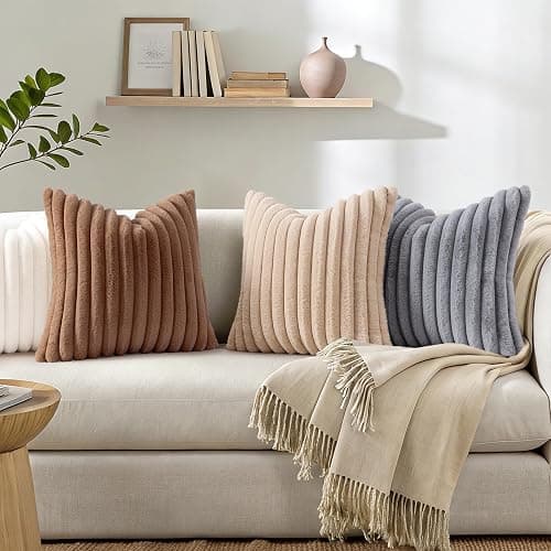 Simmore Faux Fur Couch Throw Pillow Covers 18x18 Set of 2, Decorative Soft Striped Plush Pillow Covers with Velvet Back for Sofa Bed Living Room, Black thumbnail 7