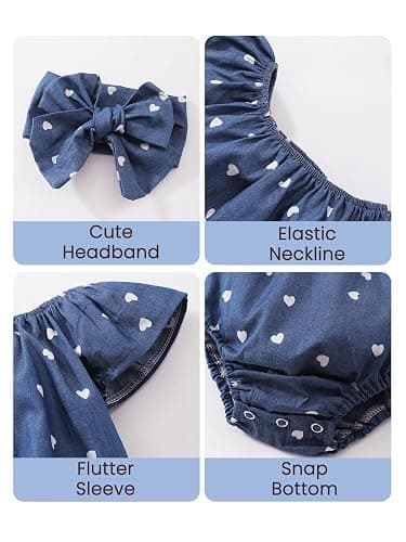 FirstTrail Baby Girl Summer Clothes Outfits Flutter Sleeve Denim Heart Romper One Piece Jumpsuit Bodysuit thumbnail 5