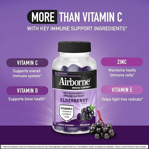 Airborne Elderberry + Zinc & Vitamin C Gummies for Adults, Immune Support with Antioxidants Vitamins C, D & E, 130 Count, Elderberry Flavor thumbnail 6