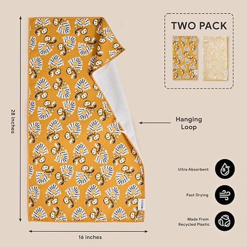 RECYCO Waffle Kitchen Towel Set of 2 - Quick Dry Microfiber Sustainable Dish Towels - Ultra Absorbent Reusable Cleaning Tea Towels - Lightweight Hand Towels,16”x 28”, Marigold Mosaic thumbnail 2