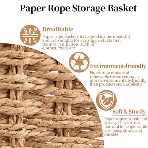 OIAHOMY Wicker Baskets for Organizing, Large and Small Shelf Baskets Set, Handwoven Bins for Storage,Paper Rope Home Organizers, Set of 3-Yellow thumbnail 6