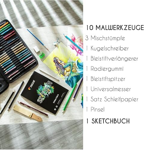 Zenacolor 74-teiliges professionelles Zeichenstifte Set, Federmappe mit 24 Wasserfarb-Malstiften, 12 Buntstifte, 12 metallische Malstifte, 12 Bleistifte und Zubehör - 1 Skizzenbuch thumbnail 5