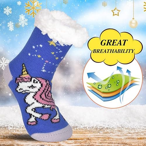 FENELY 3 Pairs Winter Kids Fuzzy Slipper Socks 2-4/4-6/6-8 Girls Boys Thermal Warm Non-Skid，Gifts for Christmas Stocking thumbnail 4