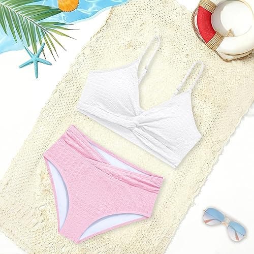 Girls Swimsuit Solid Bathing Suit 2 Piece Twist Cross Adjustable Straps Soft Lining Bikini for Teen Girls with Chest Pad thumbnail 2