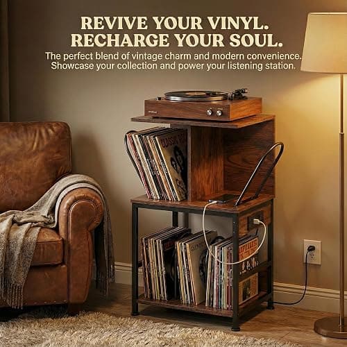 ZEXVIDA Record Player Stand with Vinyl Storage, Large Record Table Holds 180 Albums, Vinyl Record Storage Stand with USB Charger, Multi-Functional Side Table & Shelf for Living Room Bedroom thumbnail 6