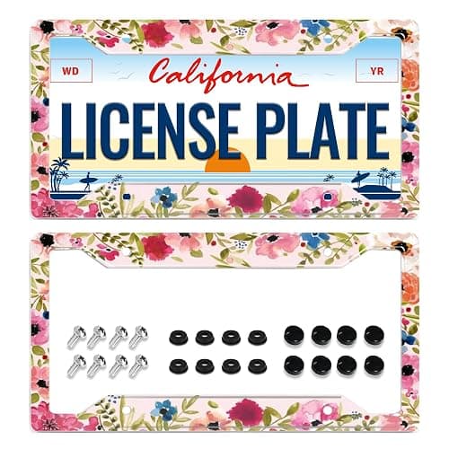 2Pcs Personalized License Plate Frame Stainless Steel Artistic Flower Pink License Plate Car Tag Holder with 4 Holes and Screws for Women Men Auto Decoration for USA Canada Vehicles Standard (12"x6") - Image 1