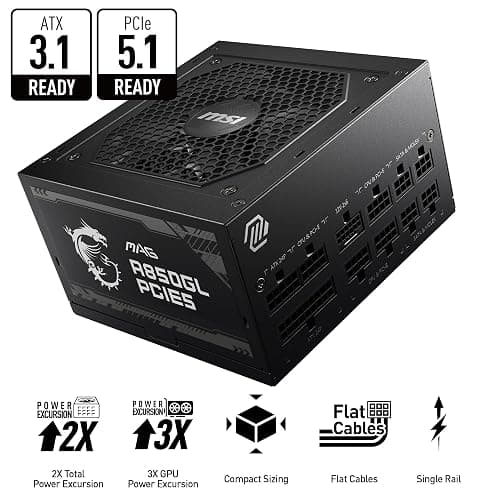 MSI MAG A850GL PCIE5, Fully Modular Compact Gaming 850W Power Supply, 80+ Gold, ATX 3.1 & PCIe 5.1 Ready, Native Dual-Color 12V-2x6 Cable, 10 Year Warranty thumbnail 2