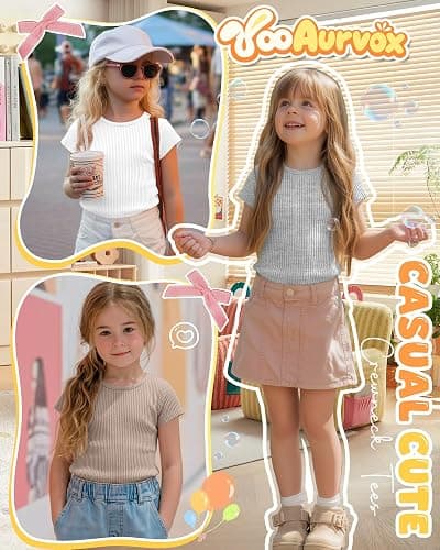 YooAurvox 4 Pack Girl's Basic Ribbed Tees Tops | Girl's, Basic, Ribbed, Tween, Teens, Summer, Cap Sleeve, Slim Fit, Cute, Casual, Daily Wear thumbnail 3