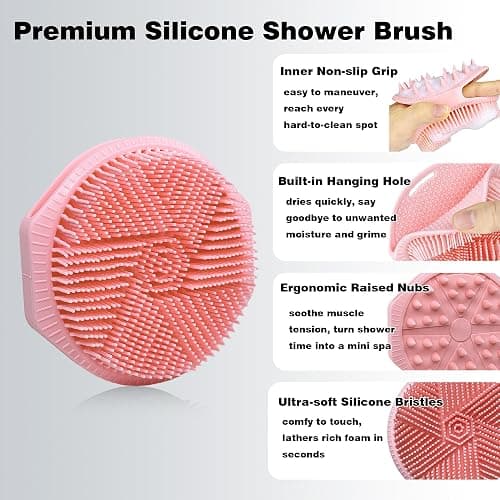 PeaKalo Silicone Body Scrubber for Men Women, Dual-Sided Bath Brushes Gentle Exfoliating Body Scrubber Scalp Massager for Deep Cleansing, Soft Silicone Loofah Body Washing Brushes (Pink) thumbnail 6