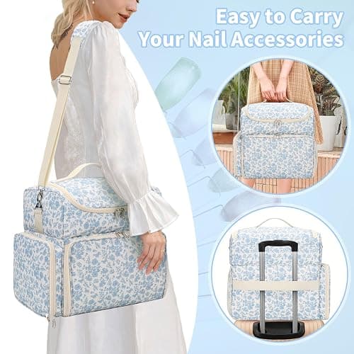 CUBETASTIC Extra Large Nail Polish Organizer Case Holds 86 to 100+ Bottles Nail Polish & Nail Lamp, Nail Supplies Storage Carrying Bag with 2 Removable Pouches (Blue Floral, 86 Slots) thumbnail 7
