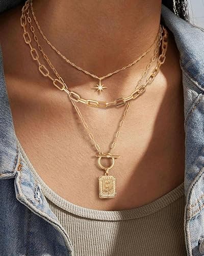 MJartoria Layered Necklaces for Women Trendy, 14K Gold Plated Brass Simple Star Choker Square Flower Pendant Necklace, Paperclip Chain Necklaces Jewelry Gifts thumbnail 8