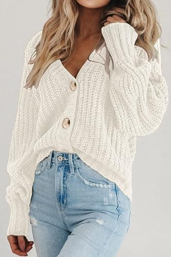 PRETTYGARDEN Women's Chunky Knit Open Front Sweater Long Sleeve Button Loose Short Cardigan Outerwear Coats - X-Large - White thumbnail 3