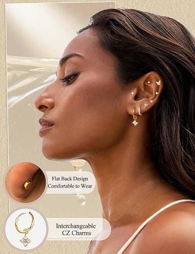 Jstyle Small Gold Stud Hoop Earrings for Women 14K Gold Hypoallergenic Surgical Steel Earrings for Sensitive Ears Silver Flat Back Cartilage Earring Stacks with Charms for Multiple Piercing Jewelry thumbnail 2