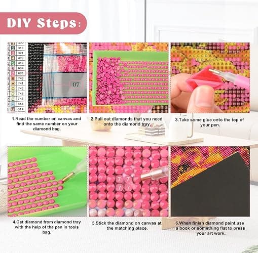 QENSPE Diamond Painting Art Kits for Adults, 5D DIY Sunset Seaside Diamond Art Round Full Drill Kits for Beginners, Pink Flowers Gem Peinture Diamant Craft Home Wall Decor Gift 30x40cm thumbnail 7