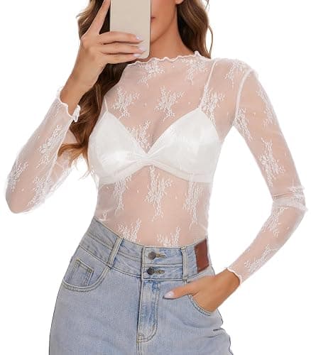 Womens Lace Mesh Long Sleeve Top Floral Sheer See Through Sexy Tops Mock Neck Shirts Party Club Night Blouses thumbnail 3
