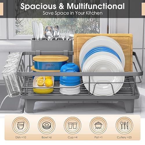 Urackify Dish Drying Rack - Large Dish Rack with Drainboard for Kitchen Counter, Stainless Steel Dish Drainer Fits Most Kitchen Sinks, Gray thumbnail 3