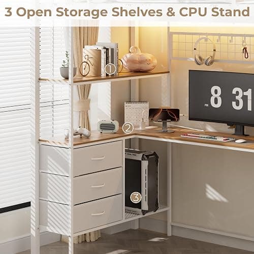 SAHISTCT Twin Size Loft Bed with Desk, LED Lights, Charging Station, Industrial Loft Bed Frame with 3 Storage Shelves and 8 Fabric Drawers, Safety Guard & Ladder,LED Metal Twin Size Bunk Bed (White) thumbnail 8