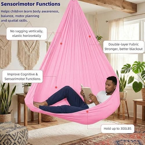Elfzone Sensory Swing - Indoor Swing，Comes with Heavy Duty Hardware and Soft Nylon Fabric for Calming Effect, Holds Up to 135kg (Pink, 110" thumbnail 6