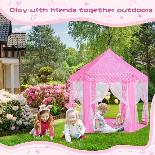Monobeach Princess Tent Girls Large Playhouse Kids Castle Play Tent with Star Lights Toy for Children Indoor and Outdoor Games, 55'' x 53'' (DxH) (Pink Princess Tent with Play Mat) thumbnail 4