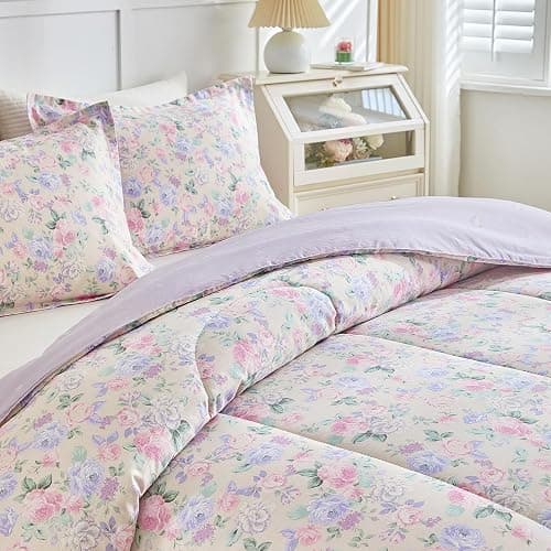 Joyreap 3pcs Floral Cotton Comforter Set for Girls, Pink Purple Flowers on Light Khaki Design, Twin Size Soft n Cozy Bedding Comforter Set for All Season- 68x88 inches thumbnail 5