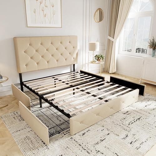 Allewie Upholstered Queen Size Platform Bed Frame with 4 Storage Drawers and Headboard, Diamond Stitched Button Tufted, Mattress Foundation with Wooden Slats Support, No Box Spring Needed, Beige thumbnail 8