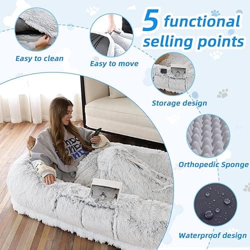 WROS Human Dog Bed - 71"x45"x12" Fits You & Pets, Washable Faux Fur, Orthopedic, Plump Pillow, Blanket, Strap - Grey thumbnail 4
