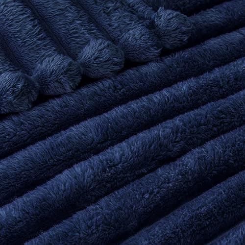 Exclusivo Mezcla Fleece Throw Blanket for Couch, Super Soft Striped Jacquard Bed Blanket, Lightweight Fuzzy Cozy for All Seasons, 50x60 Inches, Navy Blue thumbnail 5