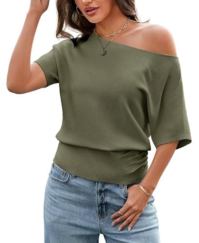 ADORPOP Off Shoulder Tops for Women - Short Sleeve Batwing Sweater Soft Cinched Waist Knit Summer Going Out Top Date Night - Image 1
