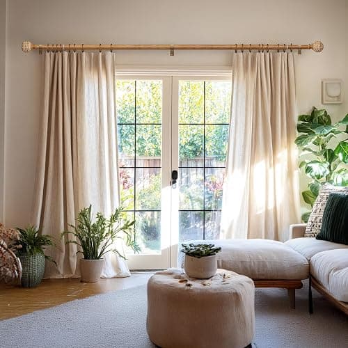 QDWIS Wood Curtain Rods for Windows 48 to 84 Inch,1'' Diameter Drapery Rods with Imitation Wood Grain Leaf Pattern Finials,Boho Adjustable Heavy Duty Curtain Rods Set,36-88'',Color:Natural Wood thumbnail 2