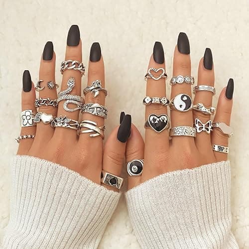 17IF 26-35 Pcs Vintage Silver Knuckle Rings Set for Women Men, Grunge Gothic Rings Chunky Aesthetic Snake Stackable Adjustable Punk Bulky Finger Alt Fairy Skull Frog Heart Star Flower Midi Ring Pack thumbnail 7