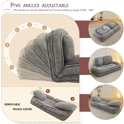Upholstered Human Dog Bed for Adult & Pets, Convertible Lazy Sofa Bed with 5 Adjustable Position, Comfy Tatami Bean Bag Lounge Chair with 2 Soft Pillows for Bedroom Living Room Office (Gray) thumbnail 4