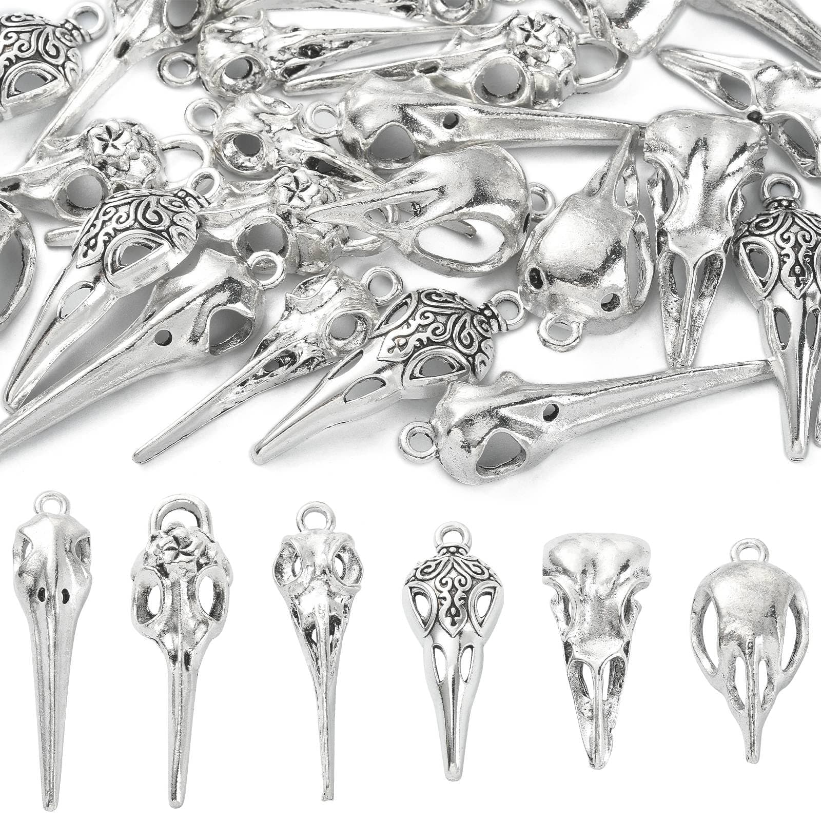 UR URLIFEHALL Assorted Magic Tibetan Style Metal Charm Antique Silver Charms Pendants for DIY Craft Jewelry Making - 30pcs-31~43.5X10~15X6~10mm-raven skull charms thumbnail 9