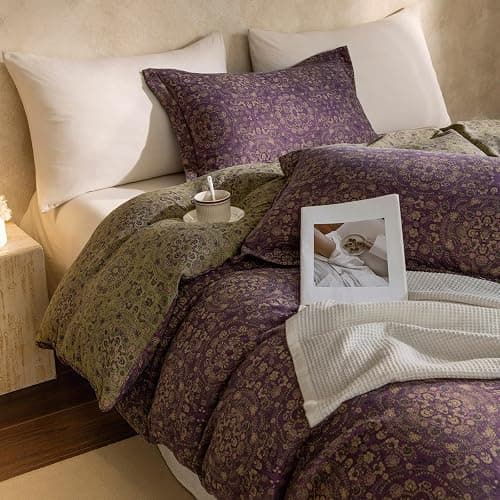 mixinni Purple Green Floral Duvet Cover King Size, Elegant Double-Layer Yarn Premium Cotton Vintage Duvet Cover Set, Exquisite Jacquard Design Bedding Set with 2 Pillowcases Perfect for Him and Her thumbnail 2