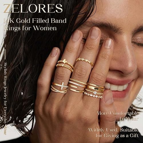 ZELORES 14K Gold Filled Stackable Rings for Women Opal Cross CZ Wedding Bands Rings Dainty Plain Gold Knuckle Rings Set Comfort Fit Size 6-10 thumbnail 4
