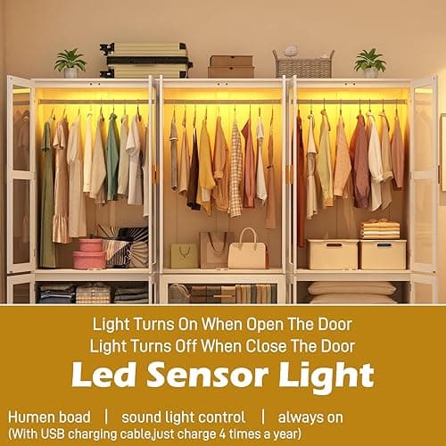 6 Doors Armoire Wardrobe Closet with LED and Mirror,71" H Freestanding Wooden Wardrobe Closet Cabinet for Bedroom w 2 Drawers,Wooden Clothing Storage Cabinet w Hanging Rod,Closets for Bedroom(White) thumbnail 6