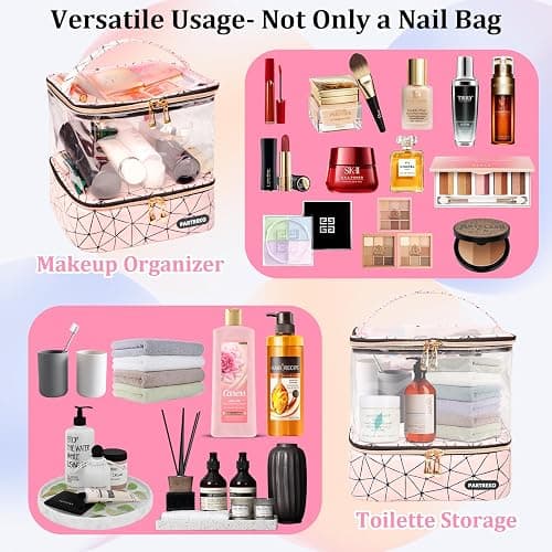 Partreko Clear Nail Polish Organizer Holds 60 Bottles (15ml/0.5fl.oz)& Nail Lamp, Double Layer Nail Supplies Organizer Case Transplant, PU Leather Nail kit Storage Bag for Manicure Tools (Pink) thumbnail 9