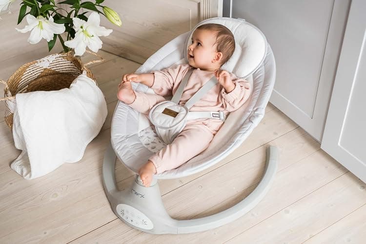 MoMi KENANI Transat balancelle jusqu’à 9 kg, pliable, télécommande et Bluetooth pour smartphone, alimentation piles et secteur, harnais de sécurité 5 points, pare-soleil, moustiquaire thumbnail 2