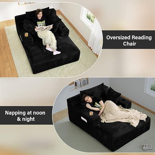 68" Oversized Boneless Chaise Lounge Chair Indoor with Cup Holders,Black | Plush Corduroy Reading Chair Cloud Deep Seat Sleeper Couch with 3 Pillows, Comfy Sofa Bed for Living Room,No Assembly thumbnail 5
