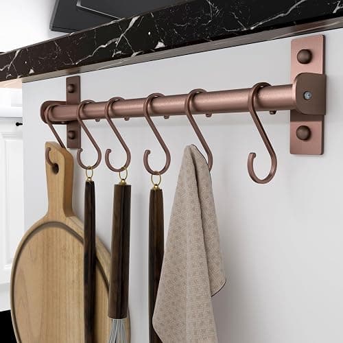 Dseap Kitchen Utensil Holder Hanger, Pot and Pan Rack Wall Mounted, Kitchen Rail with 8 Hooks for Hanging Cooking Utensils, Mugs, Spoons, Wall Mounted, Antique Copper New, Pack of 2 thumbnail 2