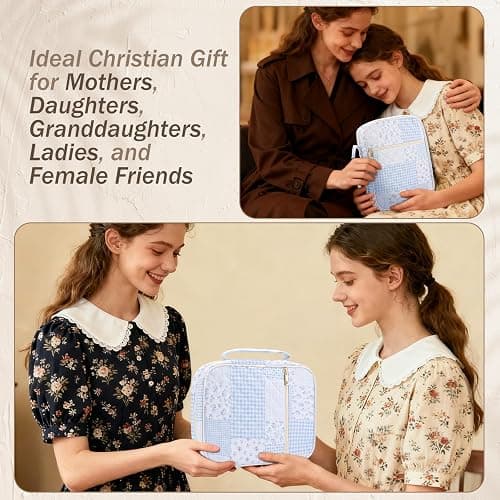 XKDOUS Bible Cover Case for Women Bible Bag Journaling Kit w/Study Supplies | Blue Patchwork Large Carrying Case w/Handle, Tabs, Pens, Portable Church Book Holder Christian Gifts for Woman Lady thumbnail 8