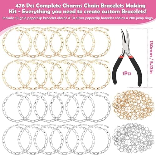 Charm Bracelet Making Kit for Adults & Teens, 477Pcs DIY Charm Bracelet Set with Gold & Silver Charms, Paperclip Chain Bracelets, Alphabet Charms, Complete Jewelry Making Supplies for Crafting thumbnail 3