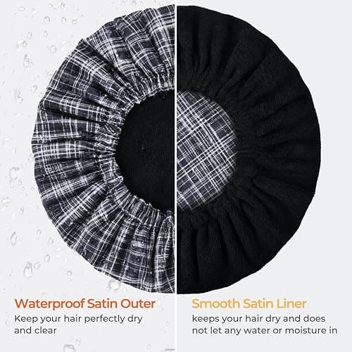 Shower Cap for Women Terry Lined Bath Cap Large Reusable Waterproof Elastic Black Plaid Shower Caps for Long Thick Hair Soft Bath Shower Hair Caps thumbnail 5
