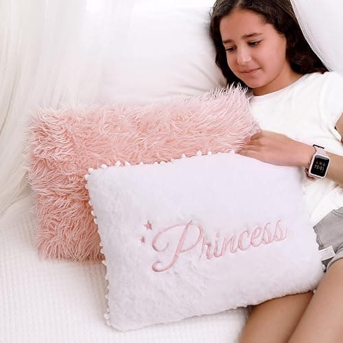 Perfectto Design Set of 2 Decorative Pillows for Toddler Kids Room. White Fluffy Princess Embroidered and Furry Pink Faux Fur Pillow. Soft and Plush Throw Pillows for Kid’s Bedroom Décor - Image 1