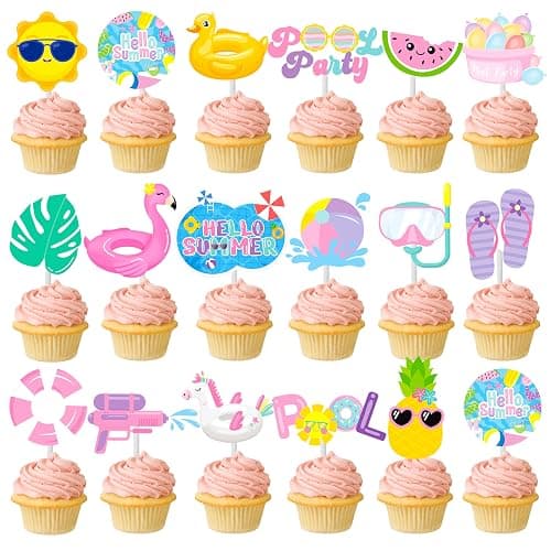 36pc Summer Cupcake Toppers - Pool Party Decorations - Water Themed Birthday Cake Picks for Swimming Baby Shower thumbnail 3