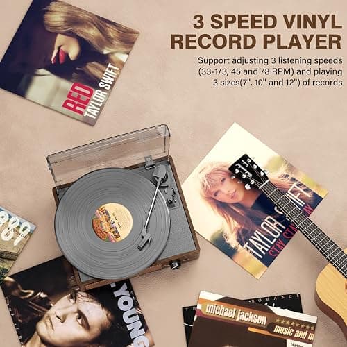 Bluetooth Vinyl Record Player,3-Speed Turntable with Stereo Speakers Vintage Phonograph Record Player, with RCA Line Out AUX in Headphone Jack Coffee Wood thumbnail 5