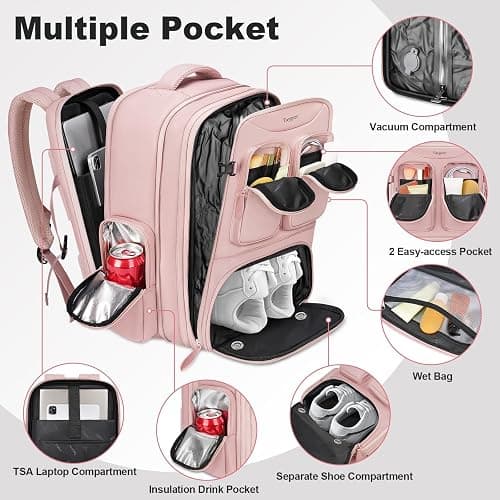 Taygeer Vacuum Backpack, Expandable Vacuum Seal Carry on Backpack with Rain Cover, 17'' laptop Compression Backpacks Travel with Shoe Compartment, TSA Approved Personal Item Compression Back Pack,Pink - Image 1