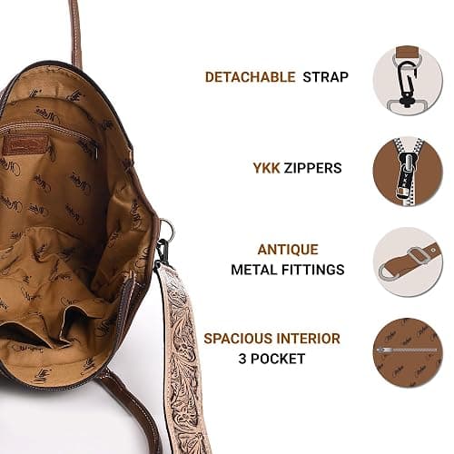 Merbaa Western Cowhide Hairon Leather Tote Bag for Women With Adjustable Tooled Shoulder Strap Leather Purse thumbnail 4