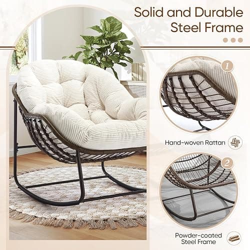 Large Indoor Rocking Chair, Oversized Rocking Papasan Chair with Thick Cushion and Frame,Comfy Corduroy Rocker Wicker Egg Chairs Lounge Reading Chair for Living Room, Bedroom, Apartment, White thumbnail 5