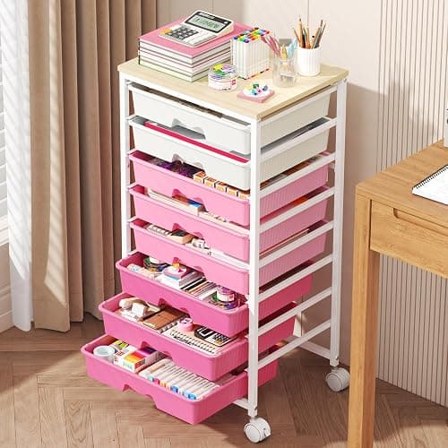 Goovilla Rolling Cart with Drawers, Utility Cart Organizer With 8 Removable Drawers and Wooden Tabletop, Lockable Rolling Storage Organizer for Art, Classroom, Home, Dorm, Office, Craft Storage, Pink - Image 1