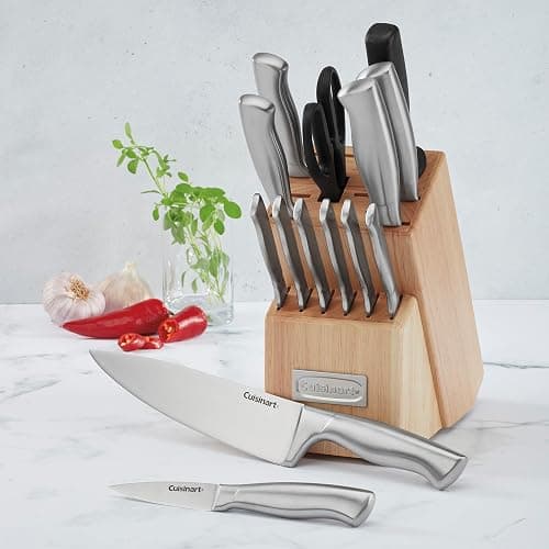 Cuisinart Block Knife Set 15pc Cutlery Knife Set with Steel Blades for Precise Cutting, Lightweight, Stainless Steel Durable& Dishwasher Safe, Natural thumbnail 2